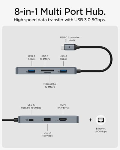 Image of Spigen ArcDock 8-in-1 Type-C Hub with Multi Port (100W PD 3.0 4K 30Hz HDMI, 5Gbps USB-C, 2 x USB-A, Ethernet, microSD /SD Card Reader for MacBook Neo /Air /Pro and Laptops) - Dark Silver