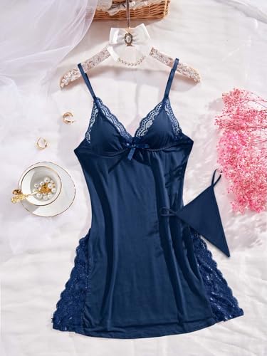Image of Foxiny Sexy Split Side Floral Lace Trim Full Slip Night Gown Babydoll Lingerie Dress with Thong 2 piece