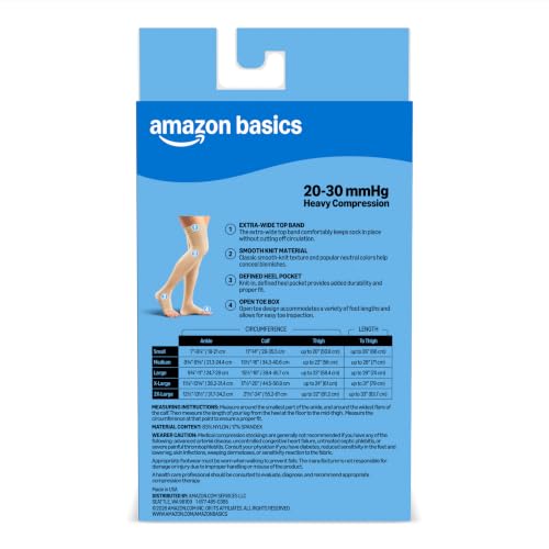 Image of Amazon Basic Compression Stockings, 20-30 mmHg, Women & Men, Thigh Length | Open Toe | Beige | 2X-Large | Pack of 2 (Previously Amazon Basic Care)