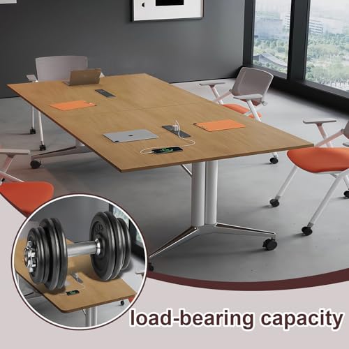 Modern Foldable Retractable Large Conference Table for 8-10 People, Wooden Meeting Table, Designed with Built-in Cable Holes and Foot Brake Pulley for Office Conference Room