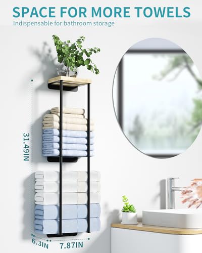 Towel Racks for Bathroom, 2 Tier Wall Towel Holder with Wood Shelf, Metal Wall Towel Rack Mounted Towel Storage for Small Bathroom （Black - Thumbnail 2