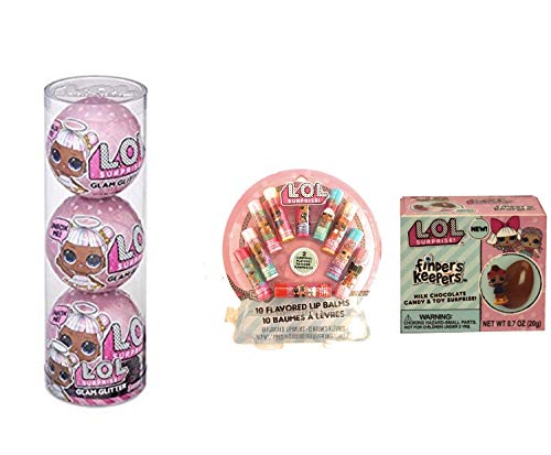 LOL Surprises 3 Pack Glitter Glam, Gift Bag 10 Pack Lip Balm, LOL Finders Keepers Chocolate Egg Surprise