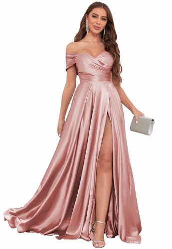 Image of SOLODISH Off The Shoulder Satin Prom Dresses for Women Long Formal Evening Party Dress with Slit