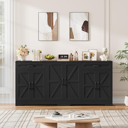 HOCSOK Sideboard, 180cm Large Kitchen Sideboard with 6 Barn Doors & 2 Drawers, Farmhouse Kitchen Cabinet with Adjustable Shelves, Buffet Cabinet for Living Room, Dining Room, Black, 180x87x34 cm - Image 7