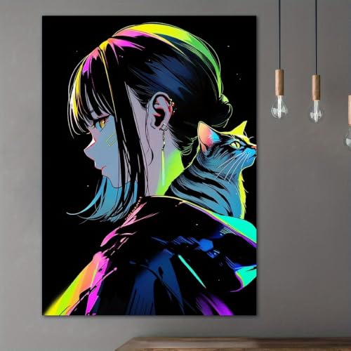 Tableau sur toile fille et chat anime SPXLUCAU 70x90cm pour salon