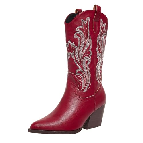 Hamesk Women Cowboy Boots Mid Calf Cowgirl Boots Western Embroidered Pointed Toe Chunky Heel Pull On Wide Calf Ladies Boots US 5-11, Red, 7