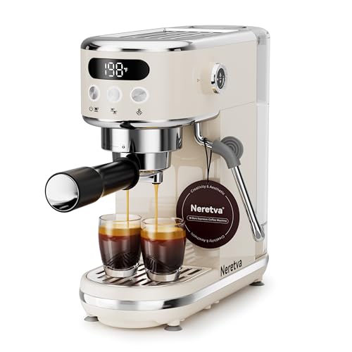 Neretva Espresso Machine 20 Bar, Super Compact Espresso Maker Stainless Steel Professional Espresso Maker Machine with Power Steam & LED Display for Home Barista Latte and Cappuccino Maker-Beige
