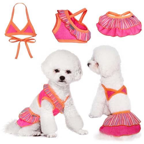TONY HOBY Dog Swimsuit, Bikini Swimming Dress, Dog Beach Dress for Small Medium Dogs - Seaside, Pool, Bathing Suit (3PCS, Orange+Pink, M)