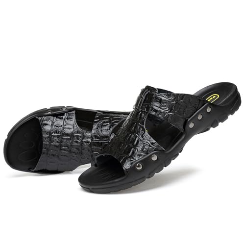 Men'S Genuine Leather Alligator Printed Flat Sandals Fashion Round Open Toe Slip-On Soft Sole Male Slide Sandals Summer Leisure Non-Slip Beach Sandals4