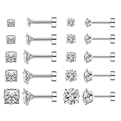10 Pairs Stainless Steel Flat Back Stud Earrings Set for Women Hypoallergenic 316L Surgical Steel Cubic Zirconia Stud Earring Flatback Studs Earing for Men(10 Pairs)