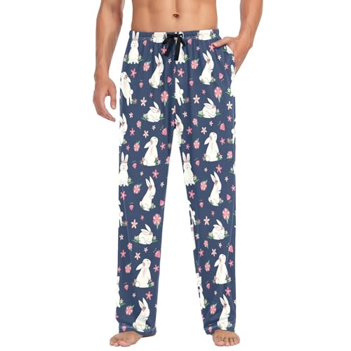 Mens Cotton Pajama Pants with Pockets Bunny Easter Flowers Rabbit Soft Lounge Sleep PJ Pants Men Drawstring - Main Image