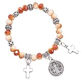 Rosemarie Collections - Pulsera elástica con cuentas religiosas para mujer con medalla de San Benito y colgantes de cruz