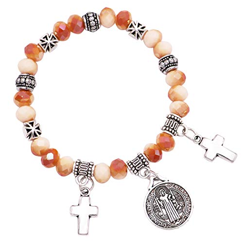 Rosemarie Collections Women's Religious Beaded Stretch Bracelet with Saint Benedict Bracelet Medal and Cross Charms (Topaz)