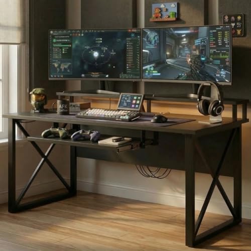 Image of FFo Gaming Desk | Music Studio Desk with Keyboard Tray | Workstation,Laptop PC Computer,Laptop PC Computer Table for Gaming & Home Office| (Black) | (150L x 60W x 87H CM) | DIY