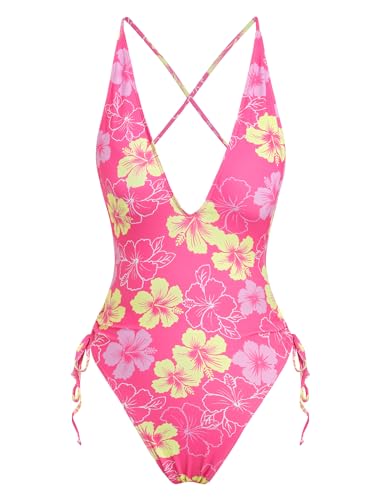 Image of ZAFUL Women Plunging One Piece Swimsuit Backless Cross Tie High Cut Thong One-Piece Bathing Suit