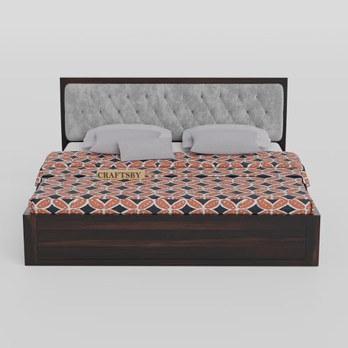 Image of Solid Sheesham Wood King Size Bed with Box Storage | Grey Upholstered Cushion Headboard | Wooden Double Bed for Bedroom | Palang /Cot /Mancham, Walnut Finish