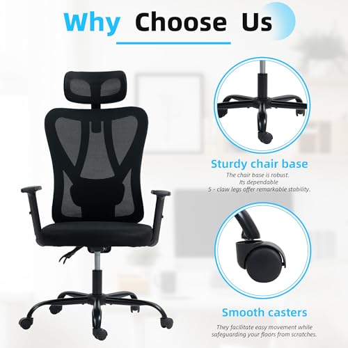 Image of ECOTOUGE Ergonomic High Back Office Chair, Floor Chair with Back Support, Big and Tall Office Chair with Adjustable Headrest, Gaming Chair Mesh Home Office /Study Chair, Black
