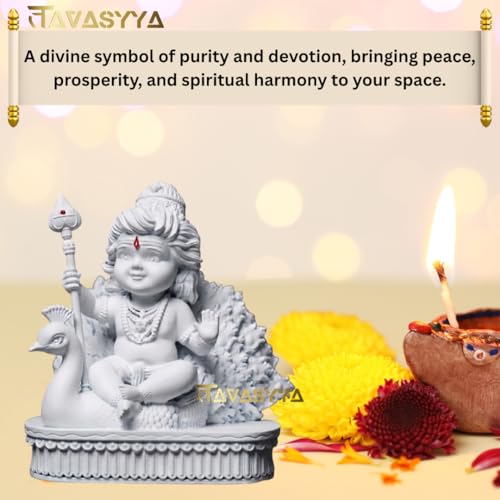 Image of Lord Murugan Idol | Bal Kartikeya /Skanda /Subrahmanya Swamy Statue with Peacock | for Mandir, Car Dashboard, Home Temple, Office Desk & Home Decor & Spiritual Gifting (Matte White)