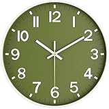 Mabpedo Modern Wall Clock, 10 Inch Digital Wall Clocks Battery Operated, Round Non Ticking Silent Analog Clock for Bedroom Living Room Kitchen Office Gym Classroom Decor, Olive Green