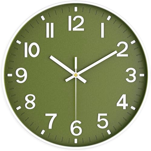 Mabpedo Modern Wall Clock, 10 Inch Digital Wall Clocks Battery Operated, Round Non Ticking Silent Analog Clock for Bedroom Living Room Kitchen Office Gym Classroom Decor, Olive Green