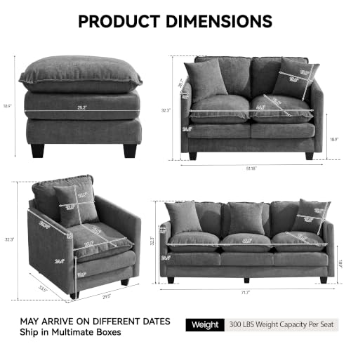 Image of 30'' Cloud Single Couch with Ottoman, Cloud Sofa with Throw Pillow, Modern 1 Seater Reading Chair with Deep Seat, Accent Chairs for Living Room, Bedroom, Small Apartment, Dark Grey