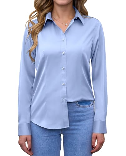 siliteelon Bluse Damen Langarm Bügelleichtes Damenbluse Button-Down Shirts Himmelblau Regular Fit Baumwolle Tops Bluse,S