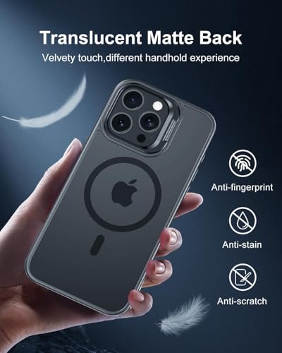 Image of Elzzi PC Kickstand Mag Safe Case For iPhone 16 Pro Max, Built-in Adjustable Camera Stand, Translucent Matte Magnetic Mag-Safe Shockproof Case Phone Cover (Black Titanium)