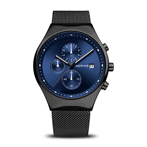BERING 18842-227 Reloj de cuarzo para hombre con caja de acero inoxidable de 42 mm con acabado negro y esfera azul, correa milanesa, cristal de zafiro y resistencia al agua de 3 ATM