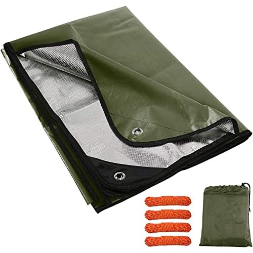 REDCAMP Heavy Duty Emergency Blanket for Survival, 7×5 ft Reusable Thickened Thermal Blanket & Waterproof Tarp with Guy Ropes, Reflective Rescue Bivvy Bag for Outdoor Camping Hiking, Green