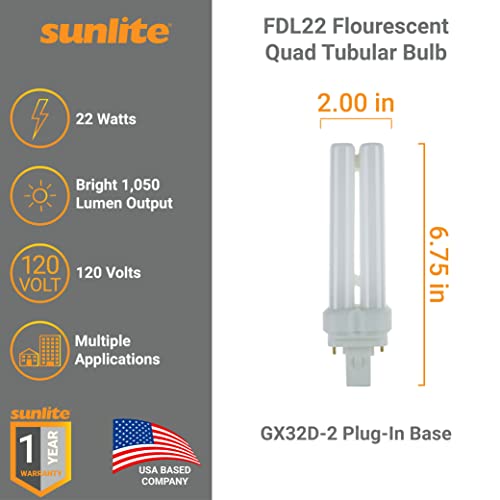 Sunlite 05755 Fdl22 Fluorescent Quad Tube Plug-In Bulb, 22 Watt, 10,000 Hour Life Span, Gx32D-2 Base, 1050 Lumens, For Fluorescent Ceiling Fixtures, Lamps, 5000K Super White Color Temperature 1-Pack #TOP1