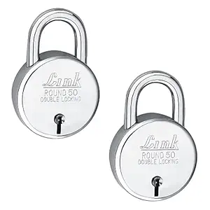 Link 50mm New Round Lock | Steel Body | Iron Lever | Double Locking | 50,000 Key Combinations 3 Silver Keys for Each Padlocks (Pack of 2)