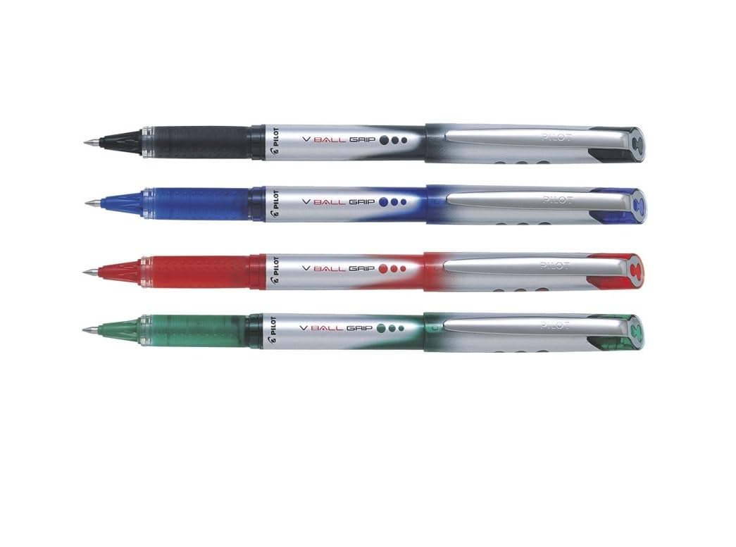PILOT V Ball Grip Rollerball Pens Medium 0.7mm tip - Set of 4 - Assorted Colours - Black, Blue, Red & Green - Supplied Loose