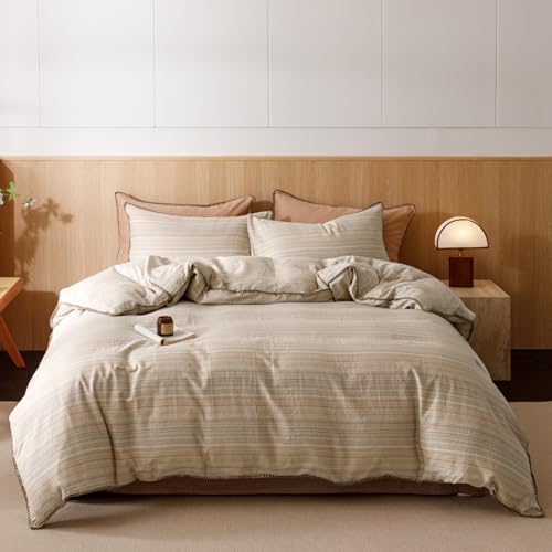 Image of VM VOUGEMARKET Brown Tan Duvet Cover King Striped Pattern Yarn Dyed Muslin Cotton Duvet Cover with Embroidered Edge Super Soft Cozy Bedding Set for Men Women,King Size