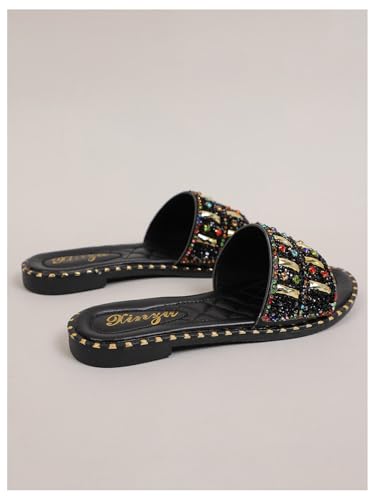 SweatyRocks Women's Rhinestone Beaded Flats Sandals Slip On Leather Slide Sandals3
