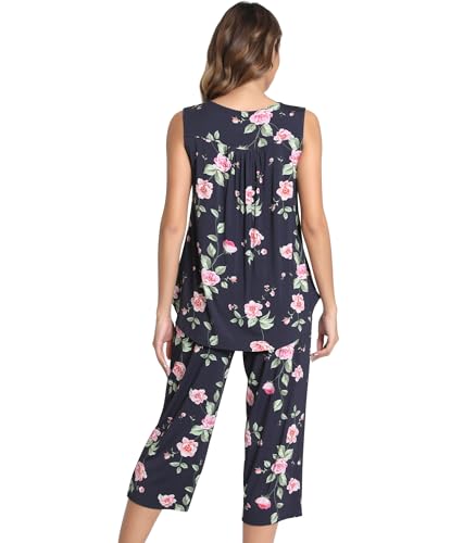 Image of NACHILA Pajamas for Women-Viscose Made from Bamboo, Sleeveless Pjs Top and Capri Pants Pajama Set Cool Pleated Sleepwear