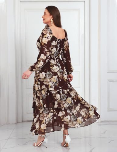 Image of EYWOL Plus Size Long Sleeve Floral Tiered Semi Formal Wedding Guest Dress | Chiffon Maxi, On or Off Shoulder, Flowy A-Line, Side Slit, Elastic Back Waist, Cocktail, Dinner Party, Engagement, Prom, Gala