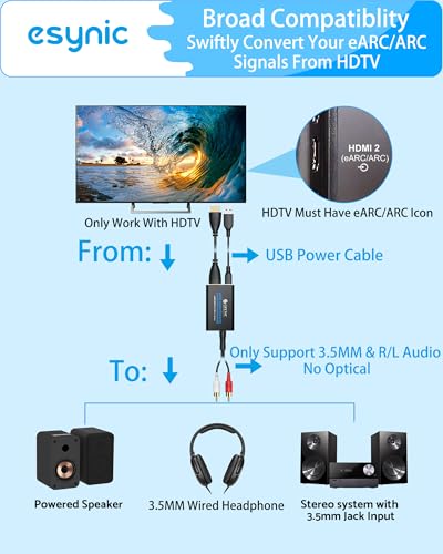 eSynic Profesjonalny ściągacz audio 192 kHz eARC ARC HDMI do 3,5 mm/RCA Funkcja CEC z kablem HDMI/3.5 do RCA do HDTV do zestawu słuchawkowego/głośnika/systemu audio 3,5 mm