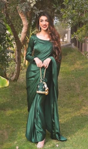 Image of FABIAN FASHION Women's Solid Japan Satin Silk Saree With Unstitched Blouse Piece for Wedding Saree