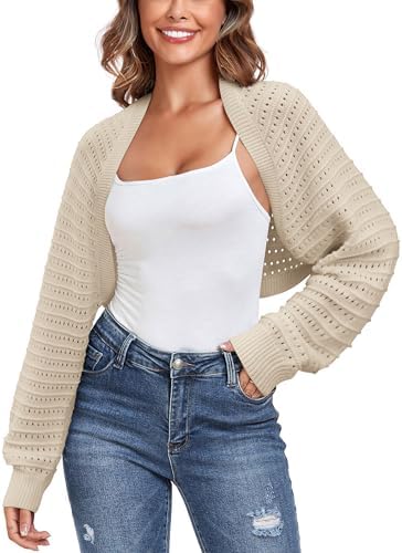 AGSEEM Women's Open Front Ribbed Knit Pointelle Bolero Shrug Swea...