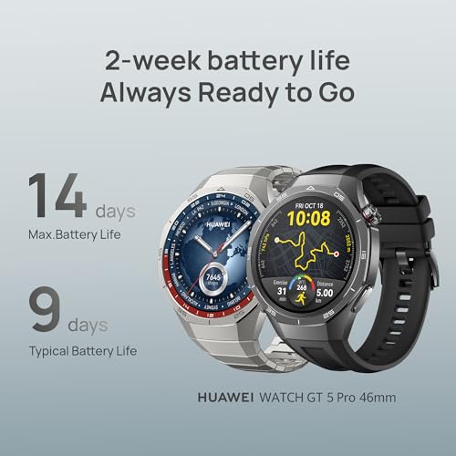 Image of Huawei Watch GT5 Pro 46 mm Smartwatch, Sharp-Edged Design, Upto 14 Days Battery Life, Pro-Level Sports Watch, Health Tracking, iOS & Android Compatible, (Black)