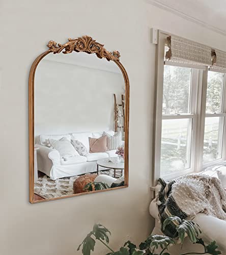 Paihome Gold Antique Mirror, Large Gold Arch Mirror Rustic Gold Metal Frame Mirrors For Wall Bedroom Bathroom Fireplace, 19"X30" Brushed Gold Wall Decor Mirros For Vintage #TOP7