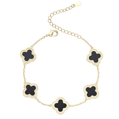 Image of Billet-doux 14k Gold Plated Clovers Bracelet with Sparkling Cubic Zirconia Stones, Non-Tarnish Gold Plated Four Leaf Clover Bracelet, Mother's Day Jewelry Gifts for Women