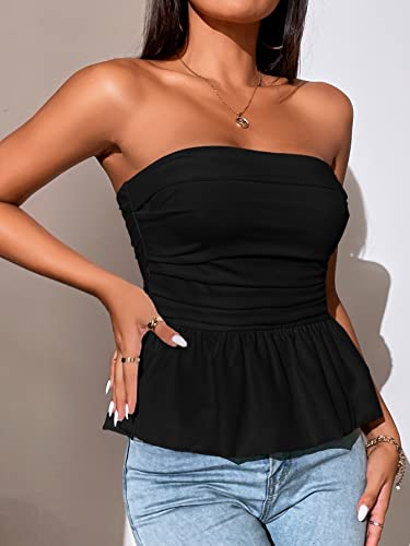 WDIRARA Women's Strapless Ruffle Hem Tube Top Ruched Sleeveless Bandeau Peplum Tops4