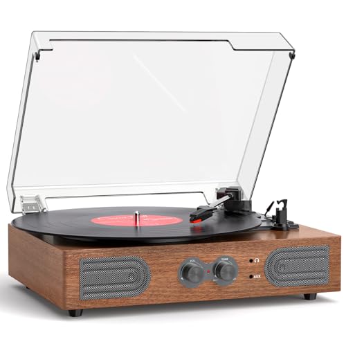 Vintage Vinyl Record Player with Built-in Speakers, 3-Speed Belt-Drive Turntable, Bass & Treble Knob, RCA/AUX/Headphone Output, Classic Walnut Wood Record Player