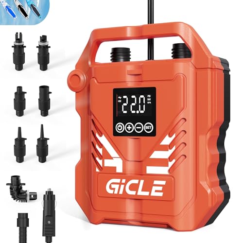 GICLE Inflador Paddle Surf Eléctrico, Bomba Sup 22 PSI, Portabilidad de Alta Presión, Inflado/Inhalación/ 7 Boquillas para Tablas de Kayak, Barcos de Pesca(Naranja)