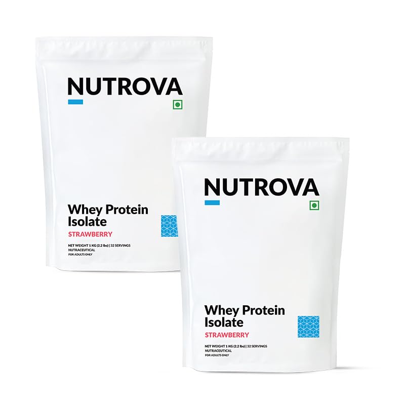 Image of Nutrova Whey Protein Isolate |Refreshing Strawberry Flavour| 24g Clean Protein & 5.5g BCAAs | Low Lactose, Easy to Digest | No Added Sugar or Artificial Sweeteners | Premium Protein for Men & Women - 1kg (Pack of 2)