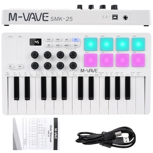 Nikou M-VAVE MIDI Teclado Controlador USB Mini 25 Teclas Dinámico Profesional Eléctrico Musical Arranger con Almohadillas RGB Blanco