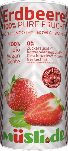 müsli.de Bio Gefriergetrocknete Erdbeeren in der 150g Dose. Packe die geballte Ladung an Vitaminen und Geschmack in dein Müsli, Porridge oder Smoothie Cover