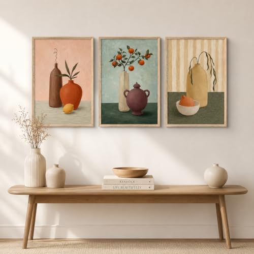 Image of Livin'luxe Set of 3 Still Life Vase Fruit Wall Paintings for Living Room Bedroom Hallway Decor with Premium Wooden Color Synthetic Frame (25.5 x 19.5 Inch) NM03-91