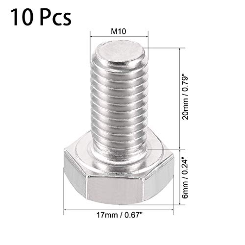 Image of 10 Pcs M10 Hex Bolt M10-1.5 x 20mm UNC Hex Head Screw Bolts A2-70(304) Stainless Steel Fully Threaded Hex Tap Bolts,Plain Finish,Fully Threaded (M10 x 20mm)